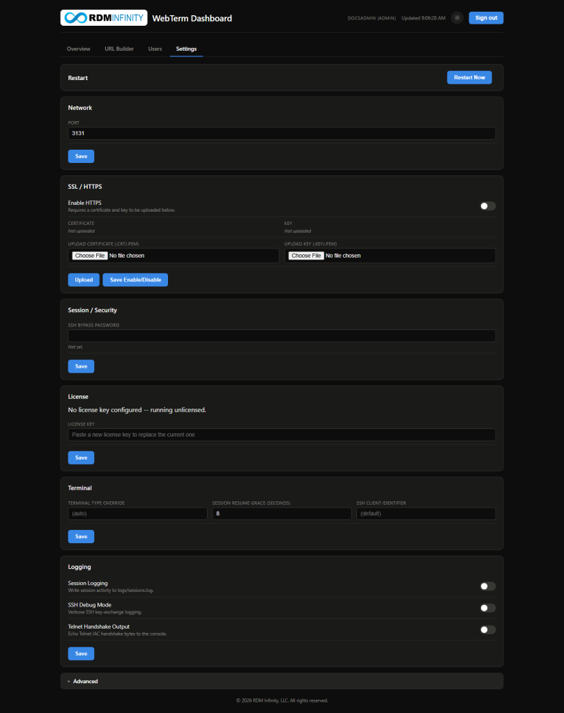 webterm-dashboard-settings-tab-e68dcf61 The Dashboard's Settings tab, showing the Restart, Network, SSL/HTTPS, Session/Security, License, Terminal, and Logging cards