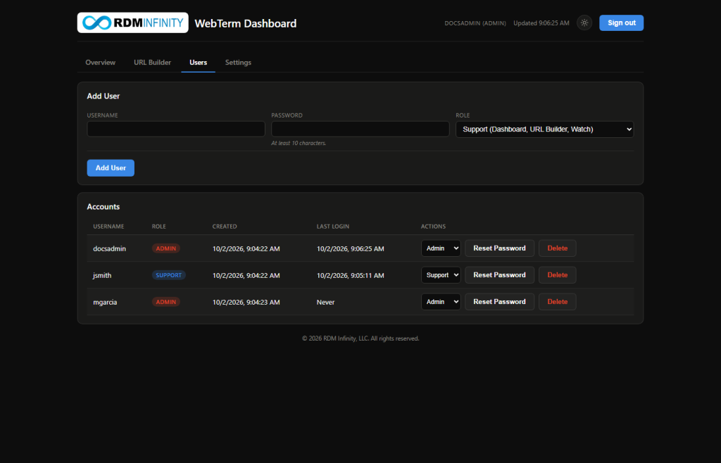 webterm-dashboard-users-7359886e The Users tab: Add User form and the accounts table with role, reset and delete controls