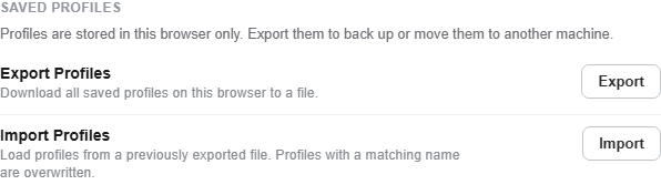 webterm-profiles-export-import-44b9436e The Saved Profiles section of Settings, Connection, with the Export and Import buttons