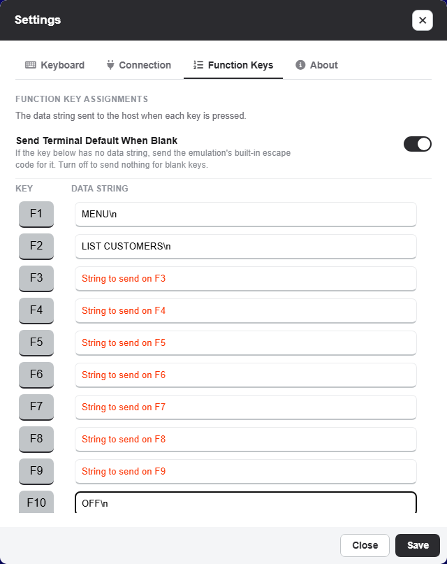 webterm-settings-function-keys-1a78b25b Settings, Function Keys tab, with F1 and F2 set to host commands