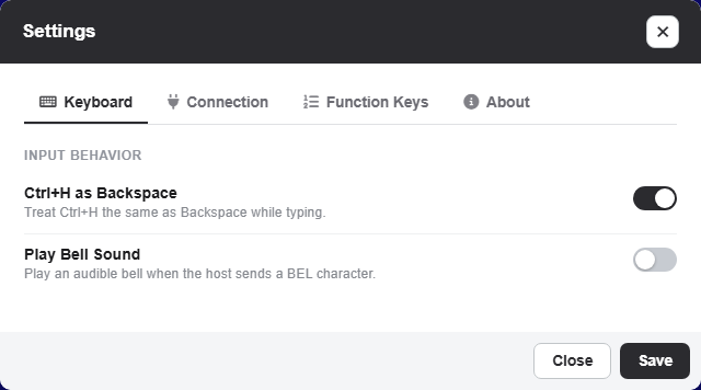 webterm-settings-keyboard-84288fa2 The Settings modal open on its Keyboard tab