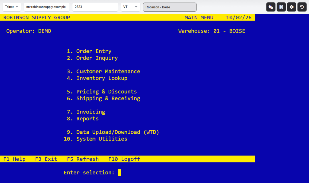 webterm-terminal-menu-12e47733 The terminal page: toolbar across the top, the host application's menu screen below