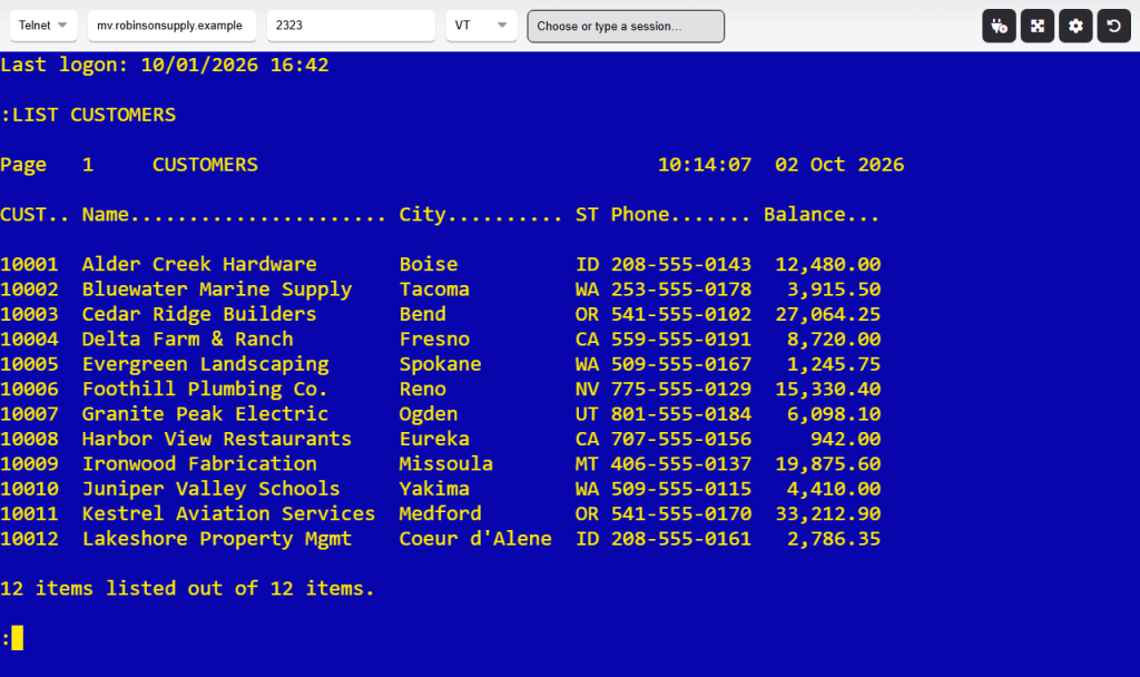 webterm-terminal-session-a33cad88 A WebTerm session logged in to a MultiValue host, showing a customer listing