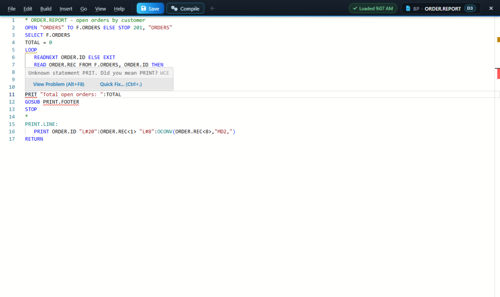 webterm-wce-code-checks-2a207596 Code checks underlining an unknown statement, with the "Did you mean PRINT?" message