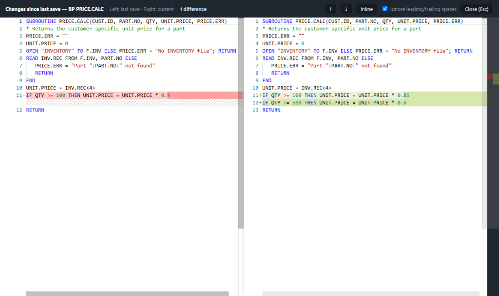 webterm-wce-compare-fb39d2ef Compare with Last Save showing unsaved edits side by side with the saved copy