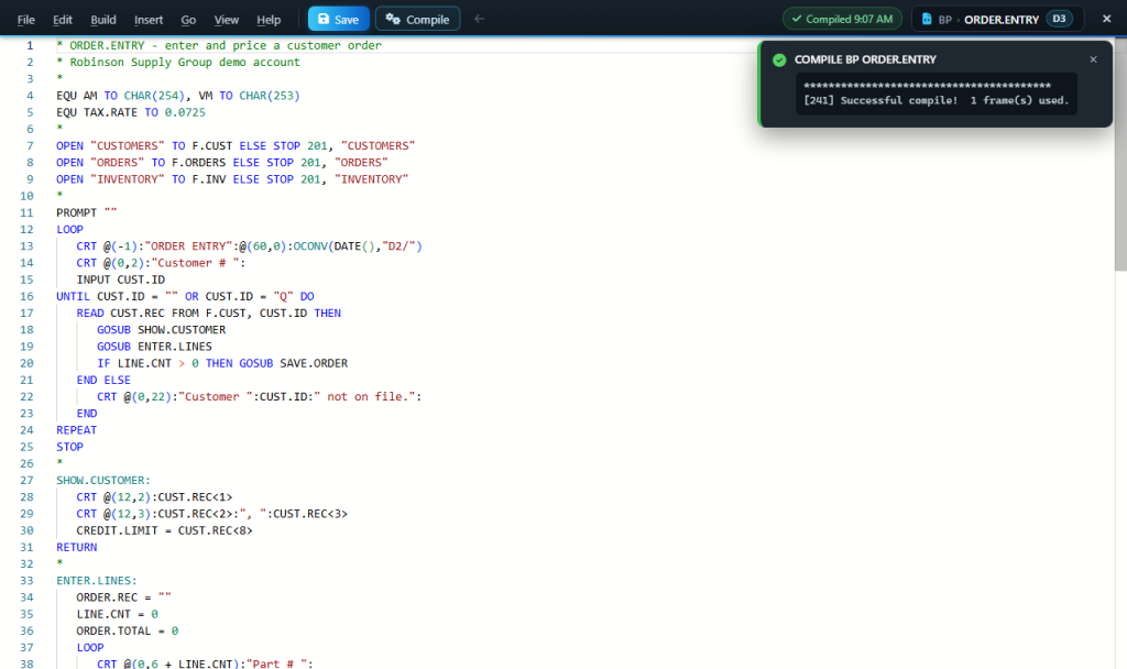 webterm-wce-compile-cf247ca8 The editor after Compile: the menu bar, and the compiler output in a green notification