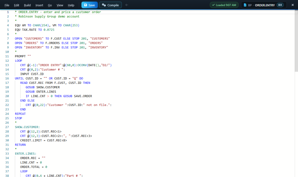 webterm-wce-editor-8629bda5 A Pick BASIC program open in the WCE editor tab