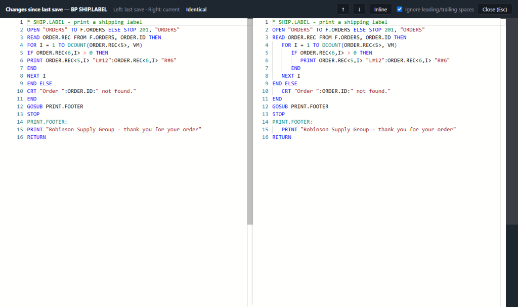 webterm-wce-format-987ad6c7 A program before (left) and after (right) Format Document, shown with Compare with Last Save
