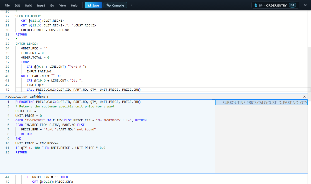 webterm-wce-peek-38baaaf8 Peek showing the PRICE.CALC subroutine inline under its CALL, without opening a tab
