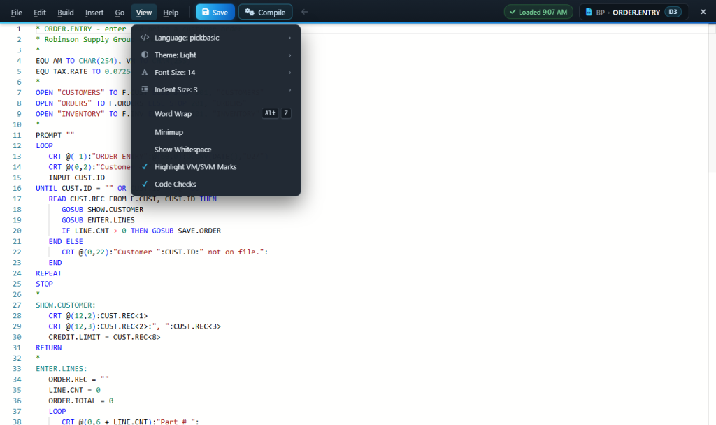 webterm-wce-view-menu-beb12fcc The View menu: language, theme, font and indent size, word wrap, minimap and code checks