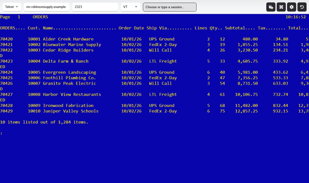 webterm-wide-132-437ed9c9 A 132-column report after the host switched the terminal to wide mode
