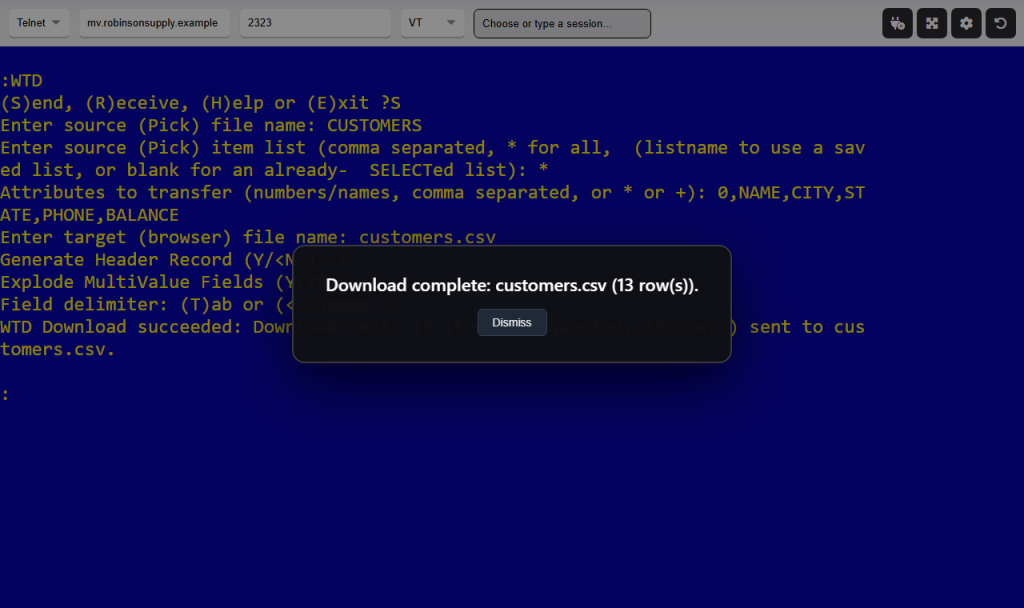 webterm-wtd-download-acbff808 A WTD download: the prompts answered at TCL and the Download complete popup