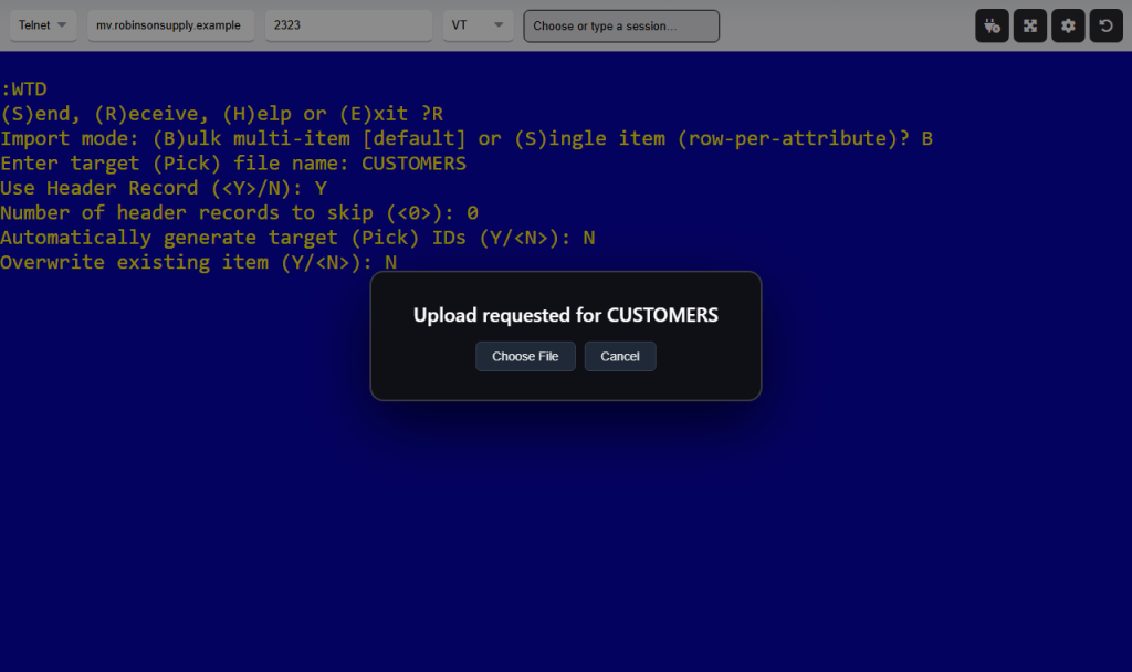 webterm-wtd-upload-20d1b533 A WTD bulk upload: the browser's upload prompt for the CSV file